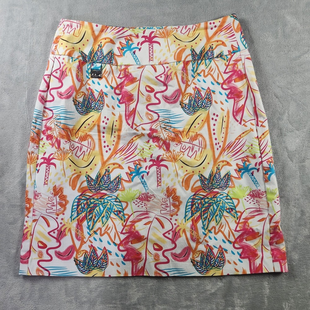 Lulu B Women's Stretch Skirt Size 4 White w Pink Yellow Orange Palm Tree Print